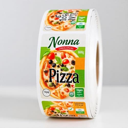 Bedruckte Haftetiketten-Rolle für ein Lebensmittelprodukt (Beispiel Pizza-Verpackung)